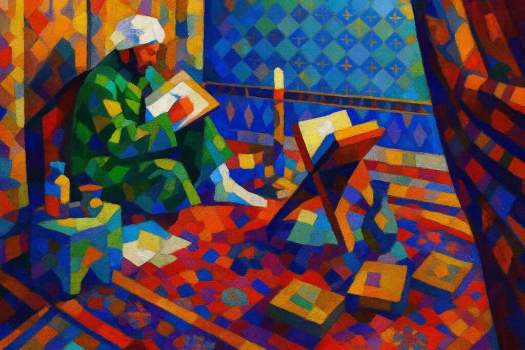 Vibrant cubist art of a scholar in a colorful tiled study room, representing the immersive academic environment and theological research culture at Al-Mahdi Institute.