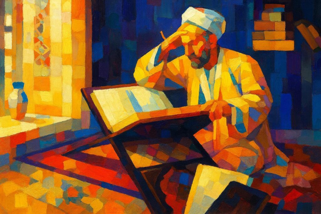 Impressionist painting of a Muslim scholar in deep contemplation over a manuscript, symbolizing the intellectual tradition of Islamic philosophy and the Hawza approach to critical learning.