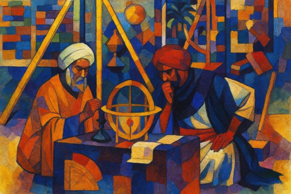 Abstract painting of medieval Muslim scientists using an astrolabe and manuscripts, representing the integration of reason and revelation in Al-Mahdi Institute’s critical Islamic scholarship.