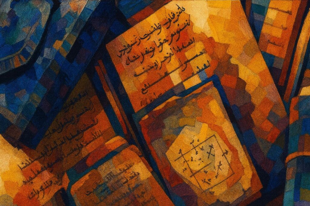 Abstract cubist painting of ancient Islamic manuscripts and theological scrolls, representing the extensive research and library collections at the Al-Mahdi Institute.