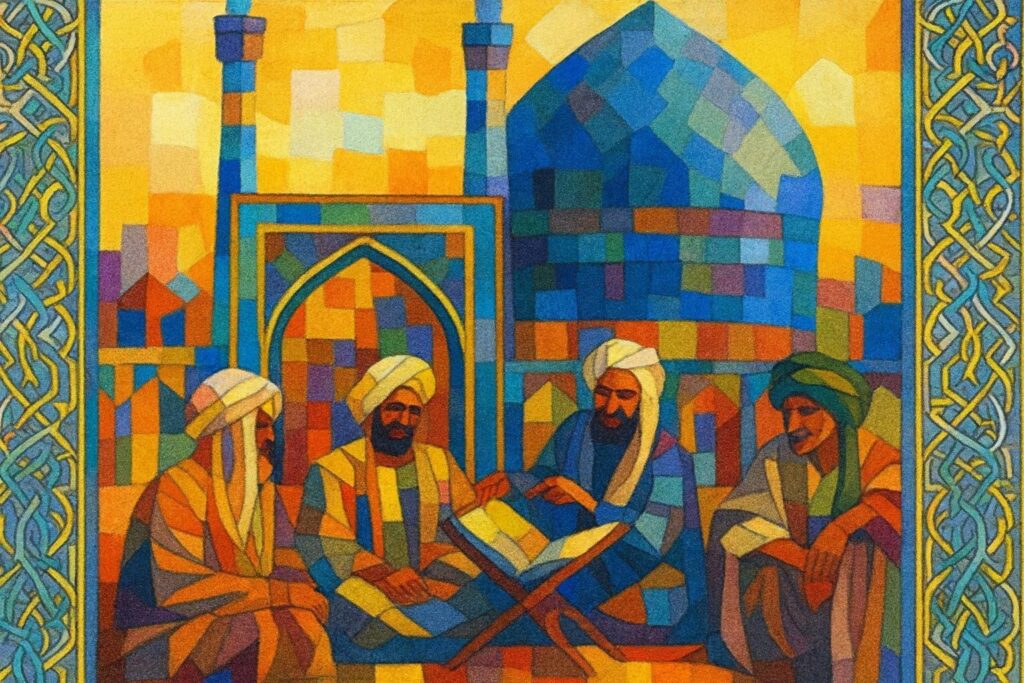 Abstract painting of Muslim scholars in a mosaic-style courtyard engaging in communal Quranic study, representing the collaborative critical Islamic scholarship at Al-Mahdi Institute.