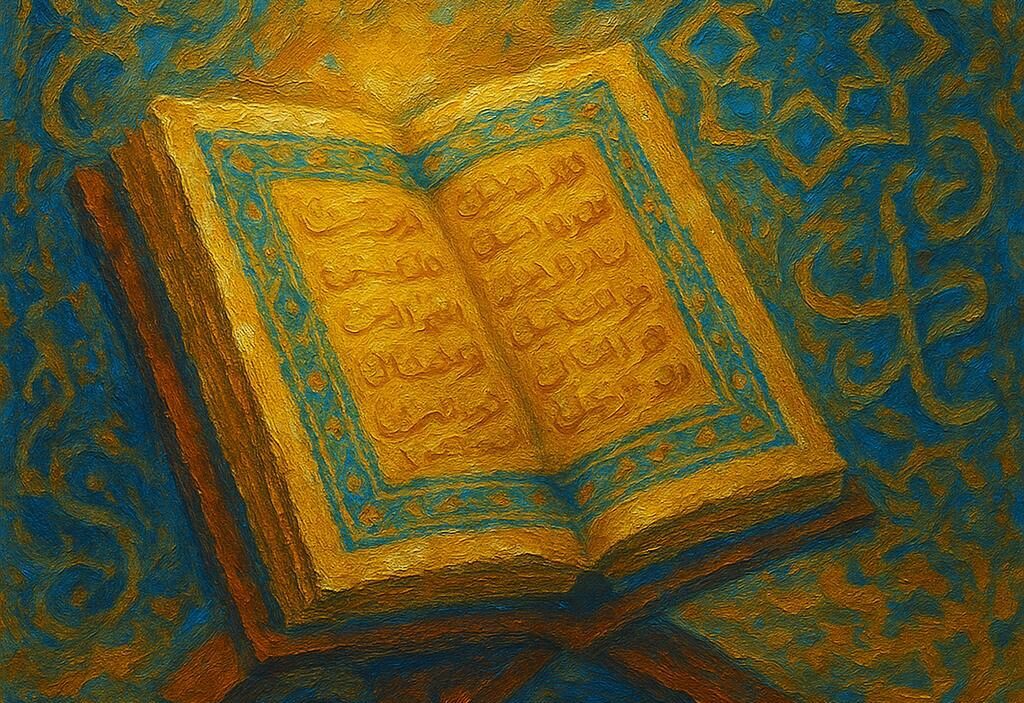 Impressionist oil painting of an open Quran with gold illumination, symbolizing the foundational source of Islamic theology and the core of critical Quranic studies at Al-Mahdi Institute.