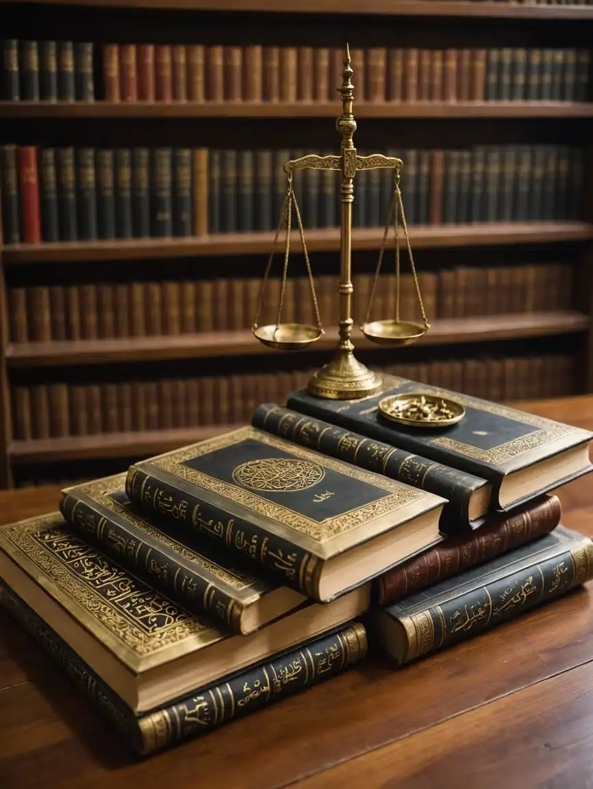 A gold scale of justice balanced atop a stack of classical Islamic law books in a library, symbolizing the rigorous critical evaluation of Ḥadīth studies and Ilm al-Rijāl at Al-Mahdi Institute.