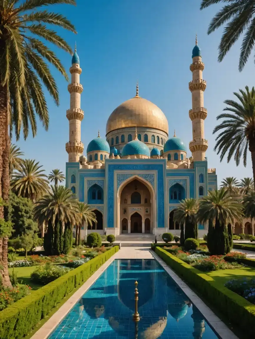 A grand mosque with a golden dome and blue minarets reflected in a courtyard pool, symbolizing the study of Islamic sociology and the role of religious institutions in community development at Al-Mahdi Institute.