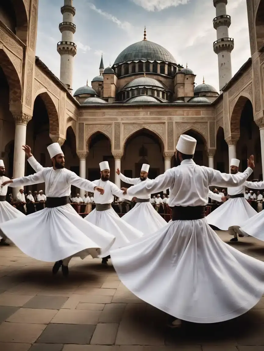 Whirling dervishes in white robes at a classical mosque courtyard, representing the mystical traditions of Islam and the Al-Mahdi Institute’s research into Sufi philosophy and Mawlana Rumi.